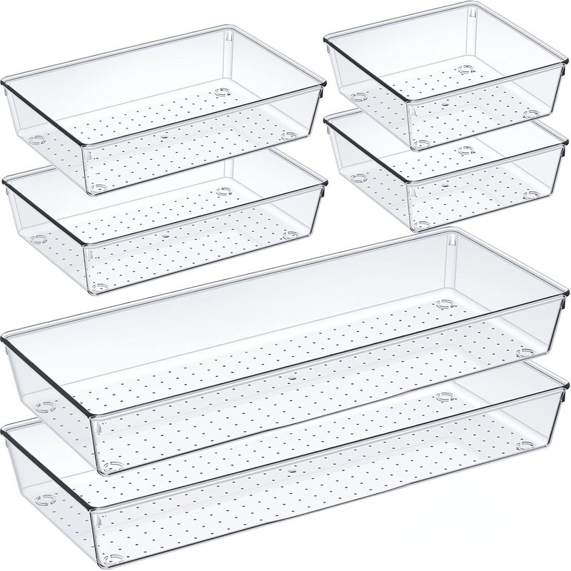 Criusia 6 Pcs Large Size Clear Drawer Organizer Set, Acrylic Non Slip Non Cracking Kitchen Drawer Storage Tray Divider, Multifunctional Storage for Cosmetics, Bathroom, Tools, Kitchen and Office - Image 1